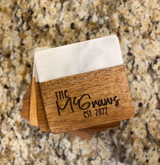 Personalized Wood and Mable Coasters